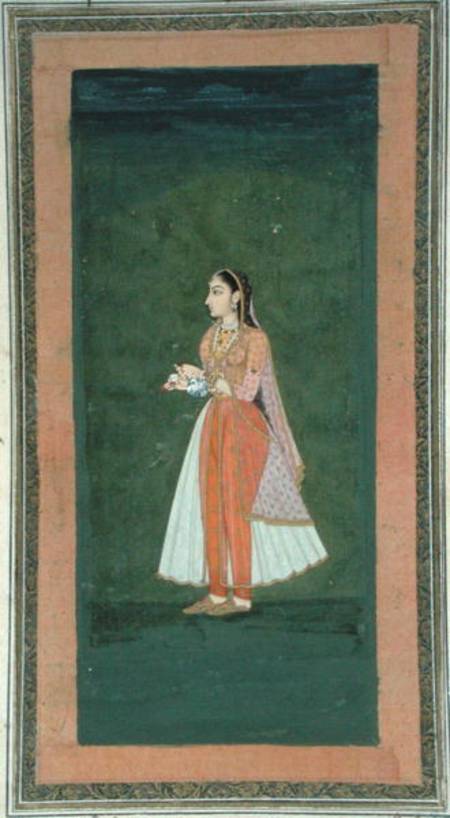Lady holding a wine flask and cup, from the Small Clive Album from Mughal School