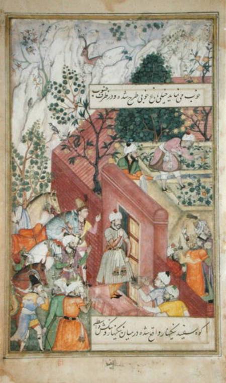 The Mughal Emperor Babur (r.1526-30) about to oversea the laying out of a garden, using lines, from from Mughal School