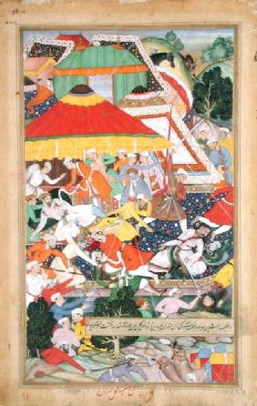 The Wounding of Kilan Khan by a Rajiput during his march to Gujerat in 1573, from the 'Akbarnama' ma