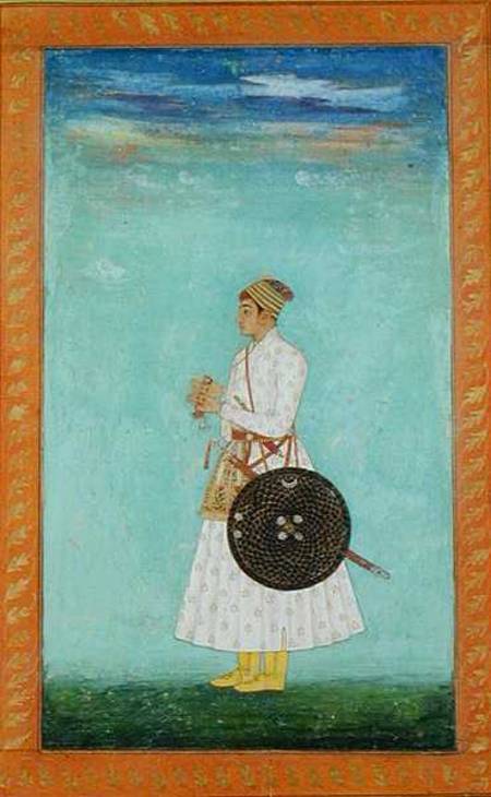A young nobleman of the Mughal court holding a sealed brocade envelope,  from the Large Clive Album from Mughal School