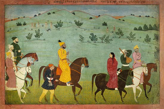 A Jasrota prince, possibly Balwant Singh, on a riding expedition from Nainsukh