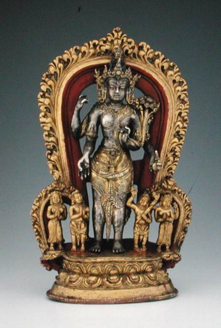 Jatamukuta Lokesvara, Khasa Malla Kingdom (1100-1484) (parcel gilt, copper alloy & pigment) from Nepalese School