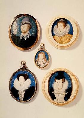 Miniatures, from L to R, T to B: Man with a Hand from a cloud; Unknown Young Man, 1588; Mrs Holland
