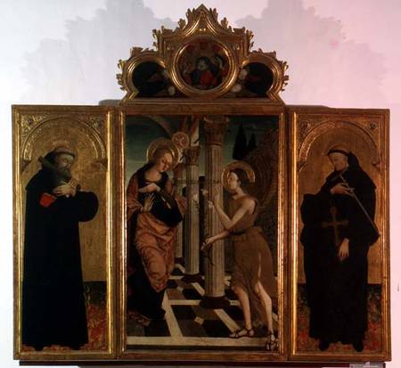 Triptych: central panel depicting the Annunciation with God above and side panels bearing the figure from Nicola de Maestro Antonio