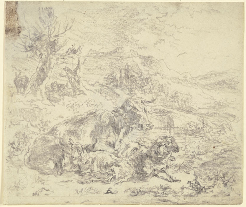 Eine Kuh, eine Ziege und ein Schaf beieinander in einer bergigen Landschaft liegend from Nicolaes Berchem