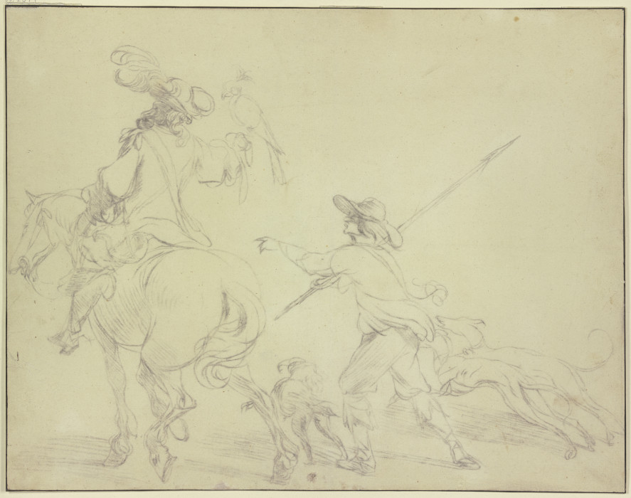 Falkenjäger zu Pferde, den Falken auf der Faust, hinter ihm sein Diener zu Fuß mit den Hunden from Nicolaes Berchem