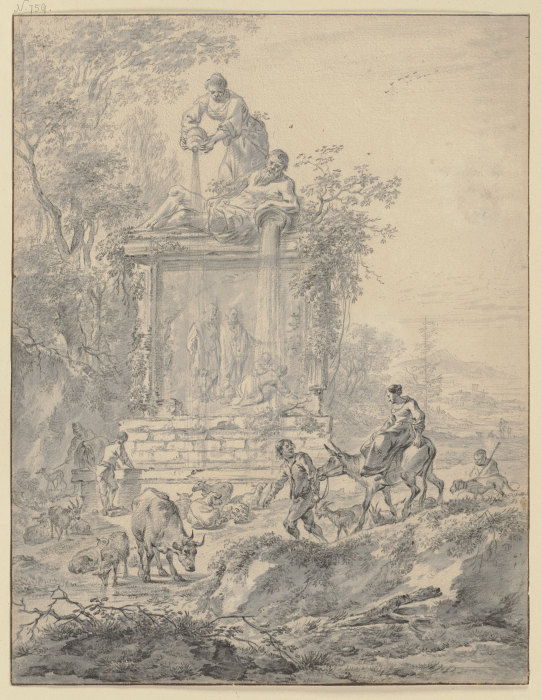 Großes Monument, darauf ein Flußgott und eine Frau, Wasser aus Urnen gießend, davor Hirten mit Vieh from Nicolaes Berchem