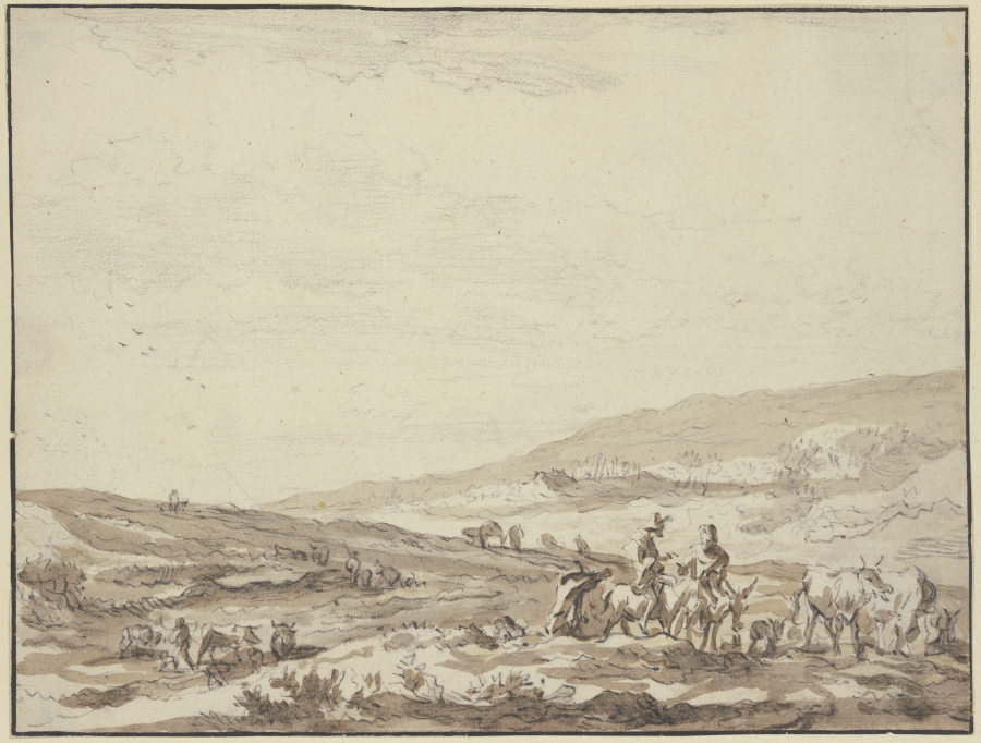 Hügelige Gegend, rechts Hirte und Hirtin auf Eseln reitend mit Vieh from Nicolaes Berchem