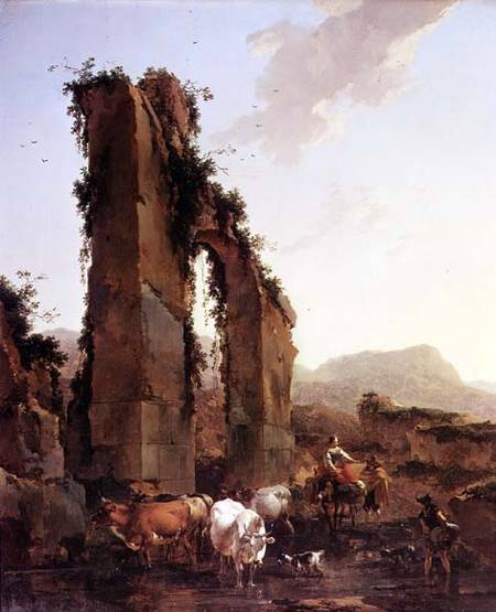 Peasants with Cattle by a Ruined Aqueduct from Nicolaes Berchem