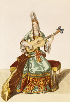Lady of Quality Playing the Guitar, fashion plate, c.1695 (engraving) from Nicolas Bonnart