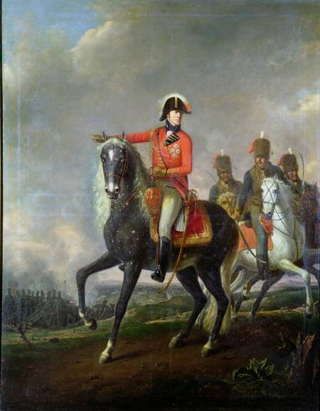Equestrian portrait of the Duke of Wellington with British Hussars on a battlefield from Nicolas Louis Albert Delerive
