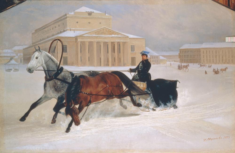 Sleigh ride in front of the Bolshoi Theatre in Moscow from Nikolai Jegorjewitsch Swertschkow