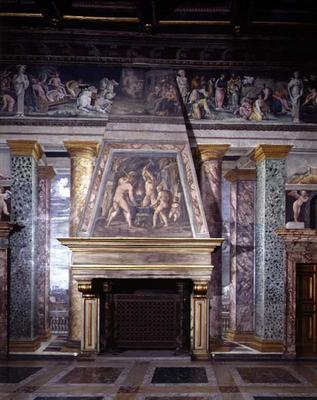 The 'Sala delle Prospettive' (Hall of Perspective) detail of fireplace decorated with a scene of the from 