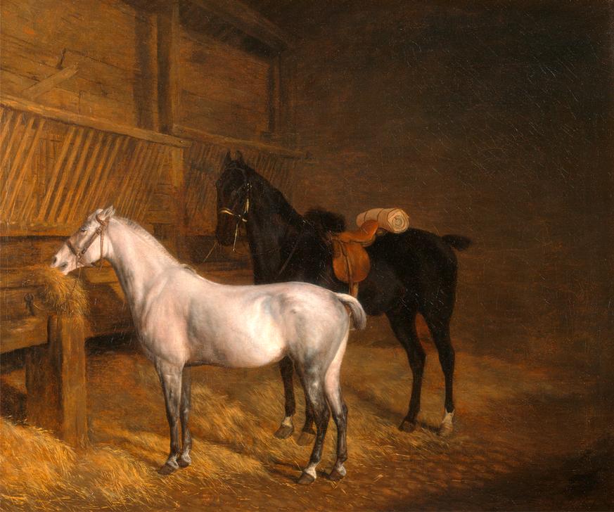 A Grey Pony and a Black Charger in a Stable Signed from 