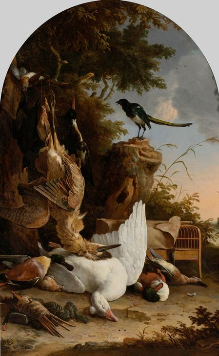 A Hunter’s Bag near a Tree Stump with a Magpie, Known as ‘The Contemplative Magpie’ from 