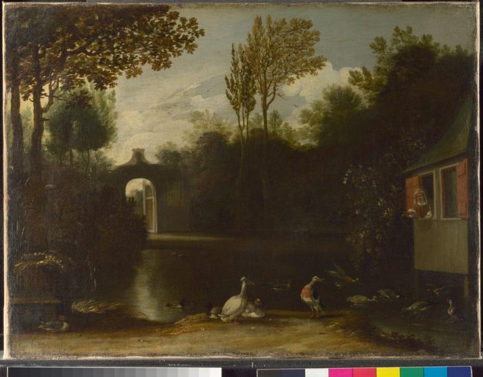 A woman appears to throw food to feed assorted waterfowl in a garden scene. from 