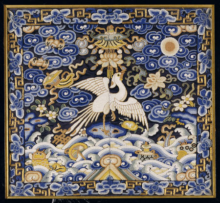 A Blue-Ground Embroidered Mandarin Square Depicting A Paradise Flycather Bird from 