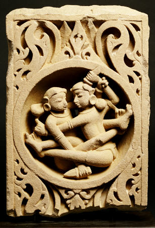 A Central Indian Pale Pink Sandstone Panel Depicting A Fighting Couple Each Armed With A Dagger from 