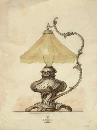 A Drawing Of A Silver Table Lamp With A Twisted Fluted Body In Rococo Style from 