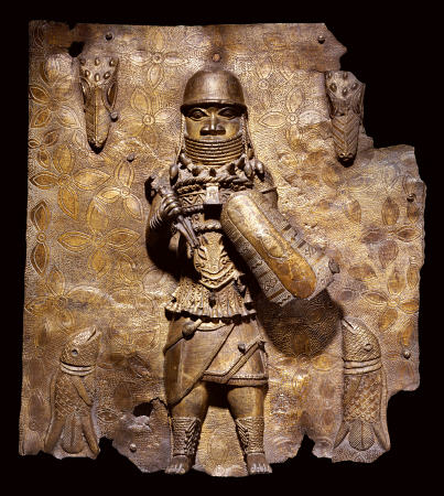 A Fine Benin Bronze Plaque In High Relief With A Warrior Chief, Full Length, In Elaborate Battle Dre from 