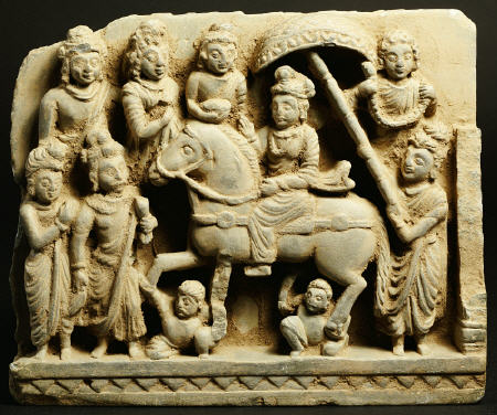 A Gandhara Style Green Steatite Relief Panel Depicting The Great Departure, Siddhartha Wearing Princ from 