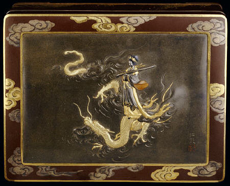 A Komai Rectangular Metal Box Depicting With Benten Standing On The Back Of A Dragon Holding A Koto from 