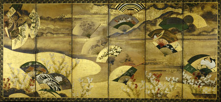 A Six-Panel Screen Painted In Sumi, Colour And Gofun On Paper Sprinkled With Gold And Silver With Sc from 