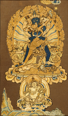 A Tibetan Embroidered Fragment Depicting Samvara Embracing His Consort from 