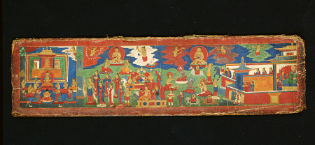 A Tibetan Painted Cotton Manuscript Cover Painted With Various Offering Scenes from 