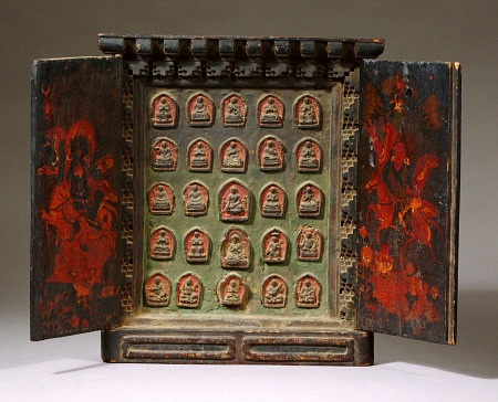 A Tibetan Wooden Altar, With Both Doors Painted With Shri Devi On Her Mule And Another Horse Riding from 