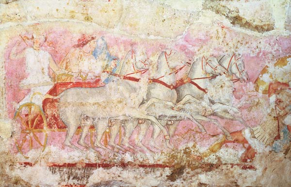 Amazons driving a chariot, detail from the side of the sarcophagus of the Amazons, Tarquinia, 4th ce from 