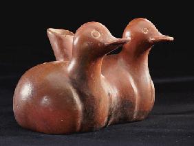 A Colima Effigy Vessel Of A  Twin Pair Of Flat-Billed Ducks Joined Together With A Central Cylindric