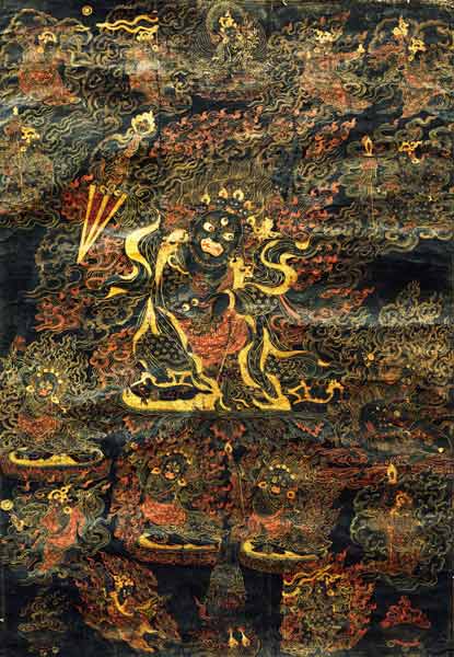 A Black Tibetan Thanka In Gold, Grey And Red Depicting Dharmapala from 