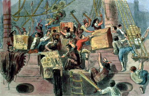 Boston Tea Party, 1773 (hand coloured litho) from 