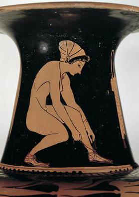 Crouching woman tying her sandal, detail from the neck of an Attic red-figure amphora, made by Pamph