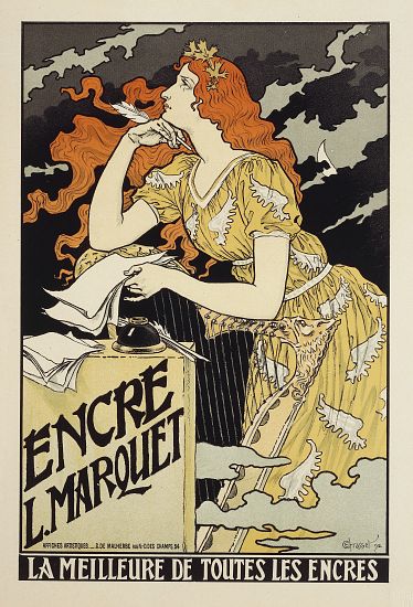 Encre L. Marquet, La Meilleure de Toutes les Encres. Advertisement for Marquet ink, illustration by  from 