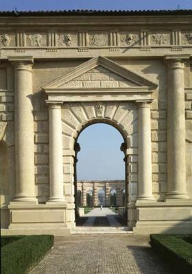 Entrance to the Loggia di Davide, looking from the Cortile D'Onore through the garden to the Exedra, from 