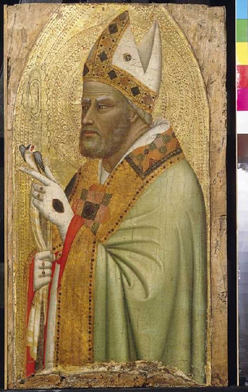 Halbfigur eines heiligen Bischofs mit einem Stieglitz. from 