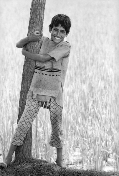 Kashmiri boy holding tree trunk (b/w photo)  from 