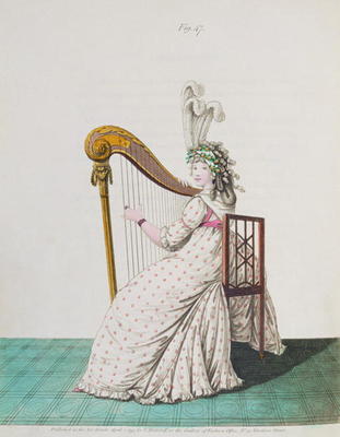 Lady playing the harp in evening dress from Nikolaus Heideloff's Gallery of Fashion, Vol II, April 1 from 