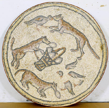 Late Roman / Byzantine Mosaic Roundel Depicting Foxes And A Basket Of Eggs from 