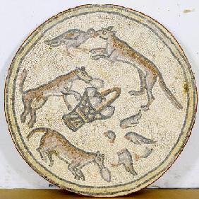 Late Roman / Byzantine Mosaic Roundel Depicting Foxes And A Basket Of Eggs