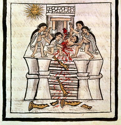 Ms Laur. Med. Palat. 218 f.84v Human sacrifice at the temple of Tezcatlipoca from a history of the A from 