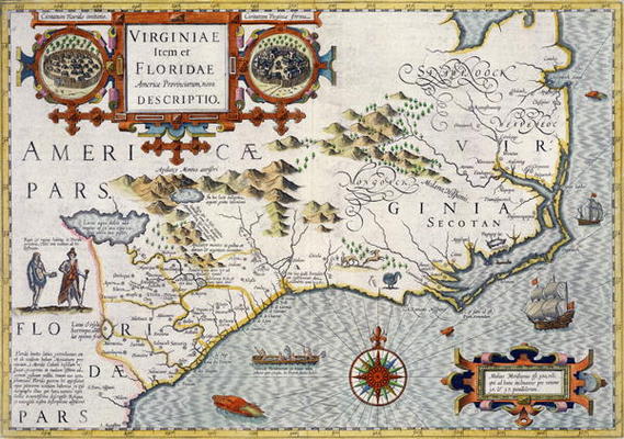North Carolina, titled 'Virginiae item et Floridae' from the Mercator 'Atlas...' of 1606, pub. by Jo from 