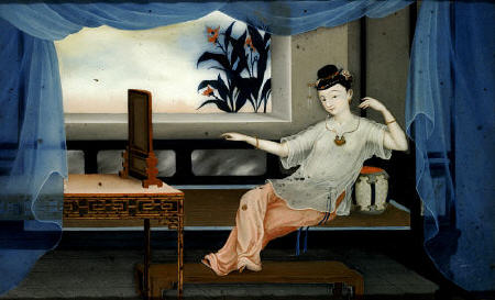 One Of A Pair Of Chinese Export Reverse Paintings On Glass Depicting A Lady Reclining On A Day Bed, from 