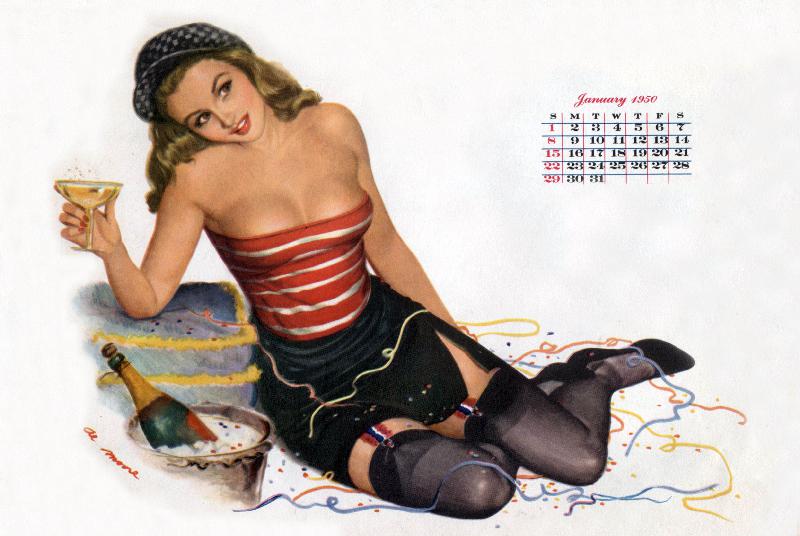 Pin Up celebrating new year with champagne, drawing by Al Moore from Esquire Girl calendar from 
