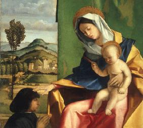 Pennacchi, Pier Maria 1464 - 1514/15. ''Mary with the Child and a donor''. Oil on wood. Venice, Ca''