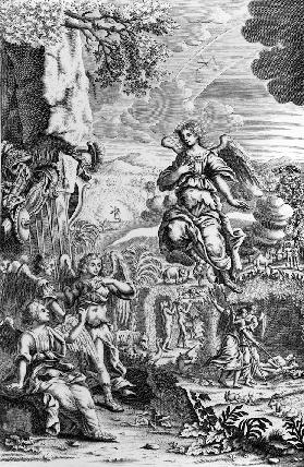 The archangel Uriel informs Gabriel that Satan is in the Garden of Eden, illustration from ''Paradis