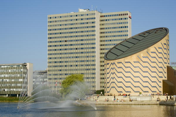 The Scandic Hotel building (left) and the Tycho Brahe Planetarium (right) on Sankt Jorgens So (photo from 