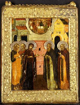 The Appearance Of The Holy Mother Of God To Saints Sergei And Nikon, Depicted Full Length, In Front